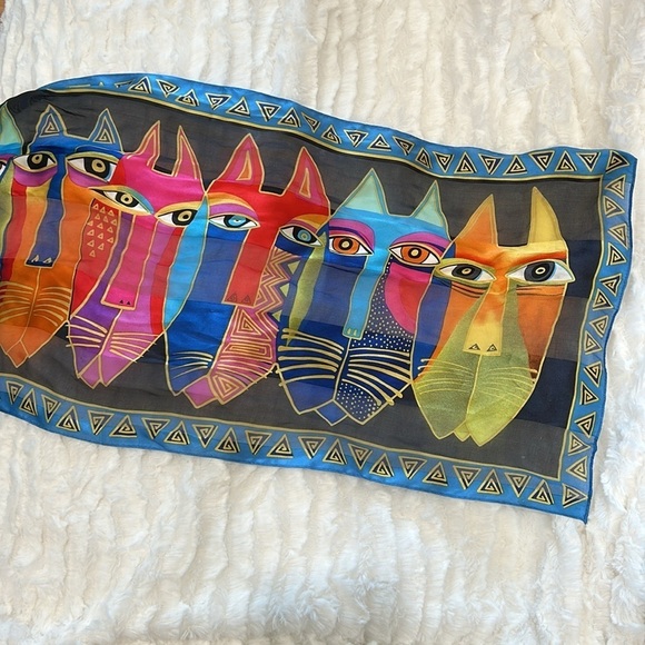 Laurel Burch Silk SCARF Oblong Tribal Cat Faces Wrap Retired multicolor - Picture 2 of 8
